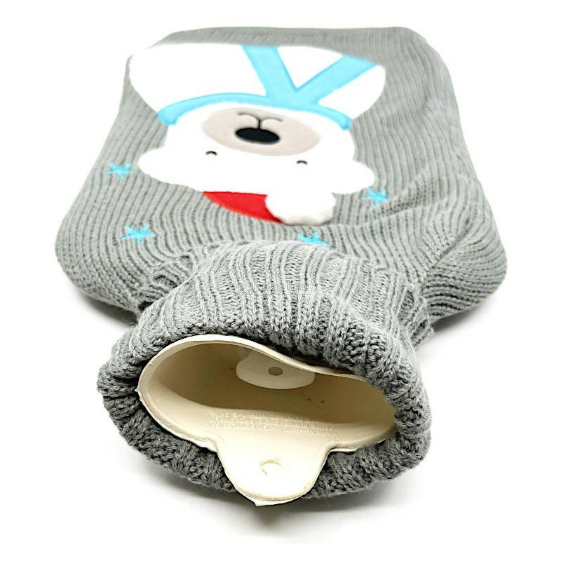 Bouillotte à eau tricot gris brodé décor Ours