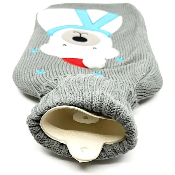 Bouillotte à eau tricot gris brodé décor Ours