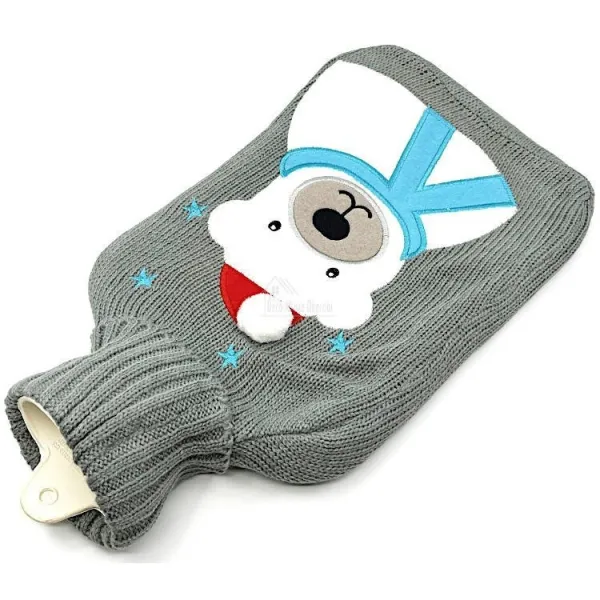 Bouillotte à eau tricot gris brodé décor Ours