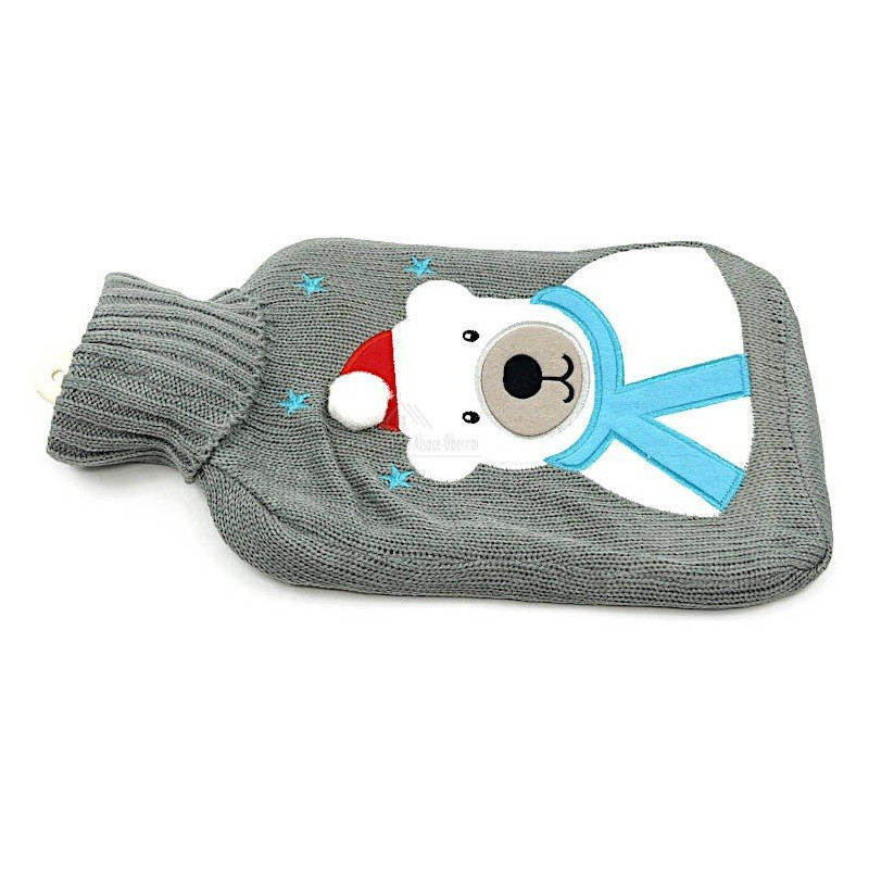 Bouillotte à eau tricot gris brodé décor Ours