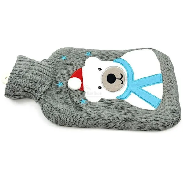 Bouillotte à eau tricot gris brodé décor Ours