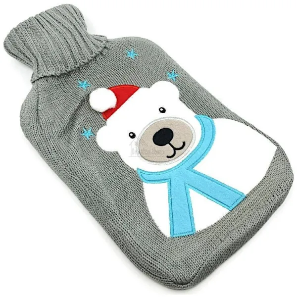 Bouillotte à eau tricot gris brodé décor Ours