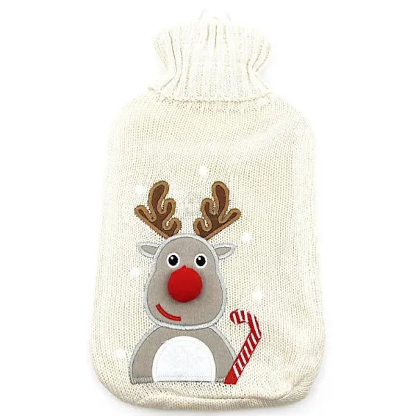 Wasserwärmflasche Ecru gestrickt bestickt Rentierdekor