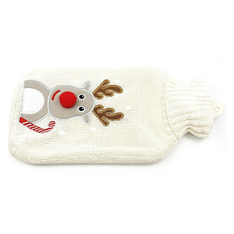 Bouillotte à eau tricot écru brodé décor Renne