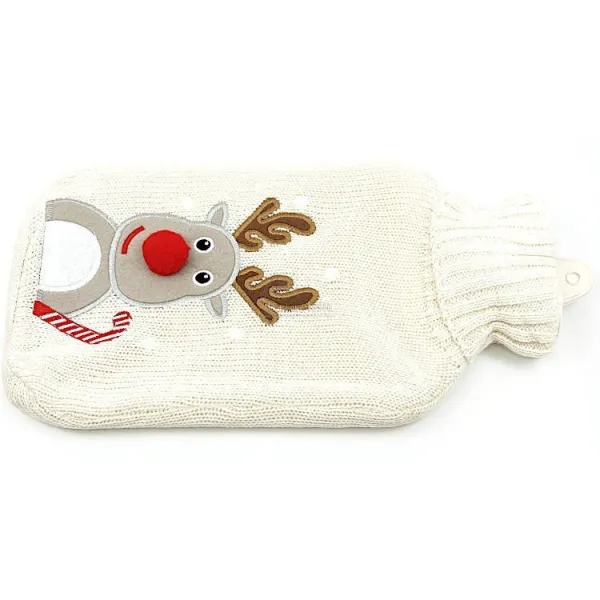Wasserwärmflasche Ecru gestrickt bestickt Rentierdekor