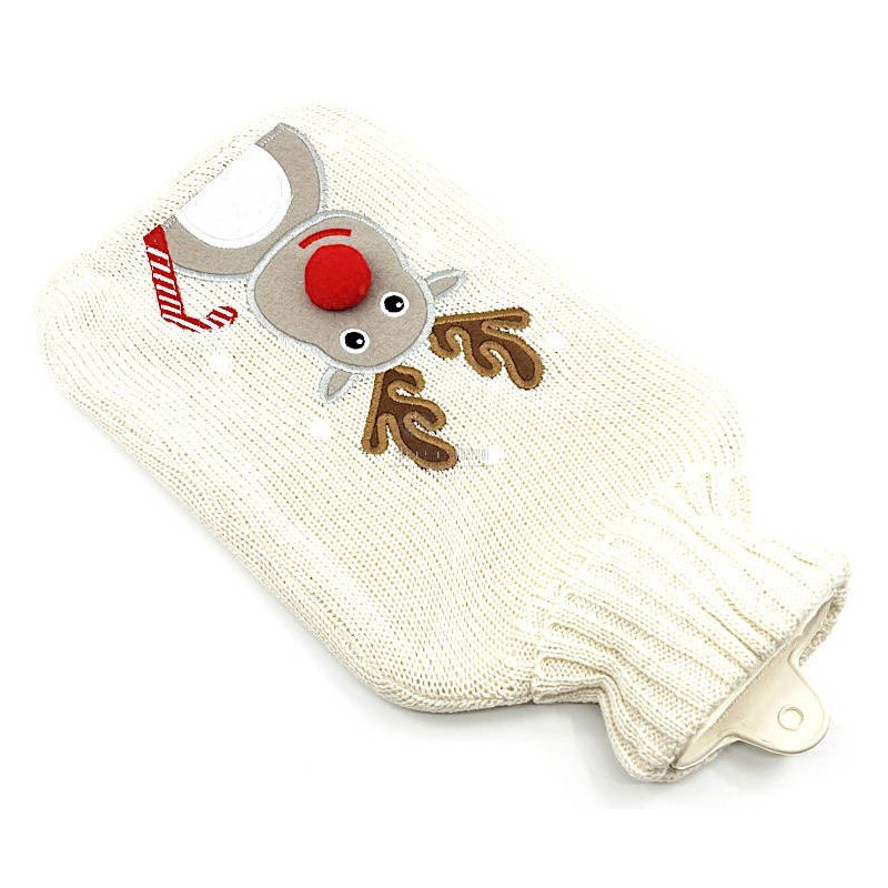 Bouillotte à eau tricot écru brodé décor Renne