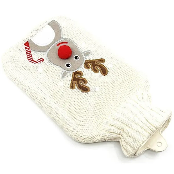 Wasserwärmflasche Ecru gestrickt bestickt Rentierdekor