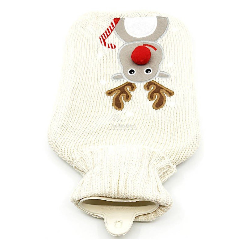 Bouillotte à eau tricot écru brodé décor Renne