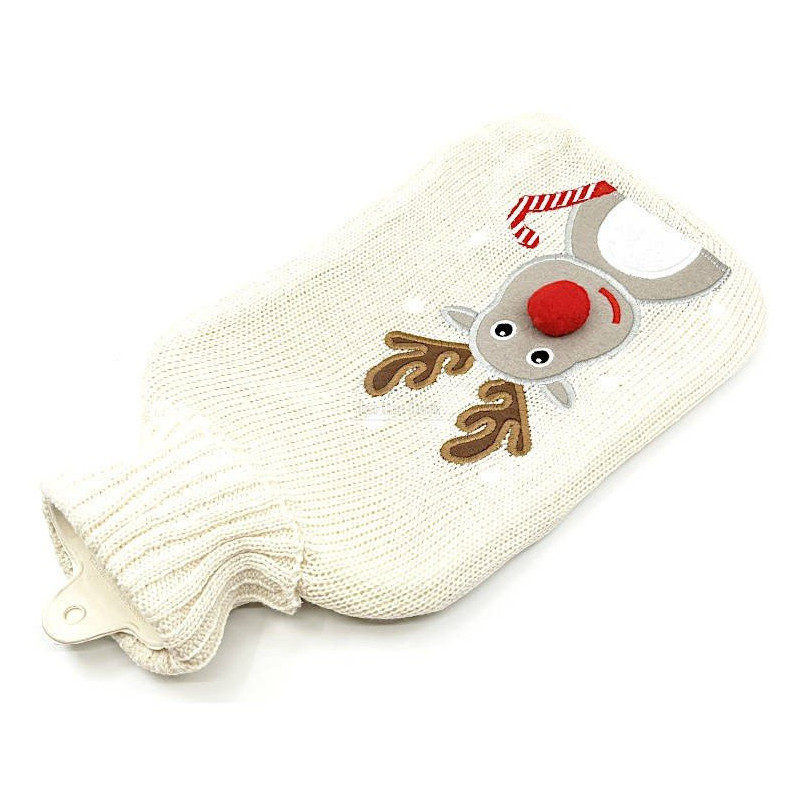 Bouillotte à eau tricot écru brodé décor Renne