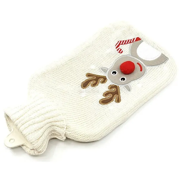Wasserwärmflasche Ecru gestrickt bestickt Rentierdekor