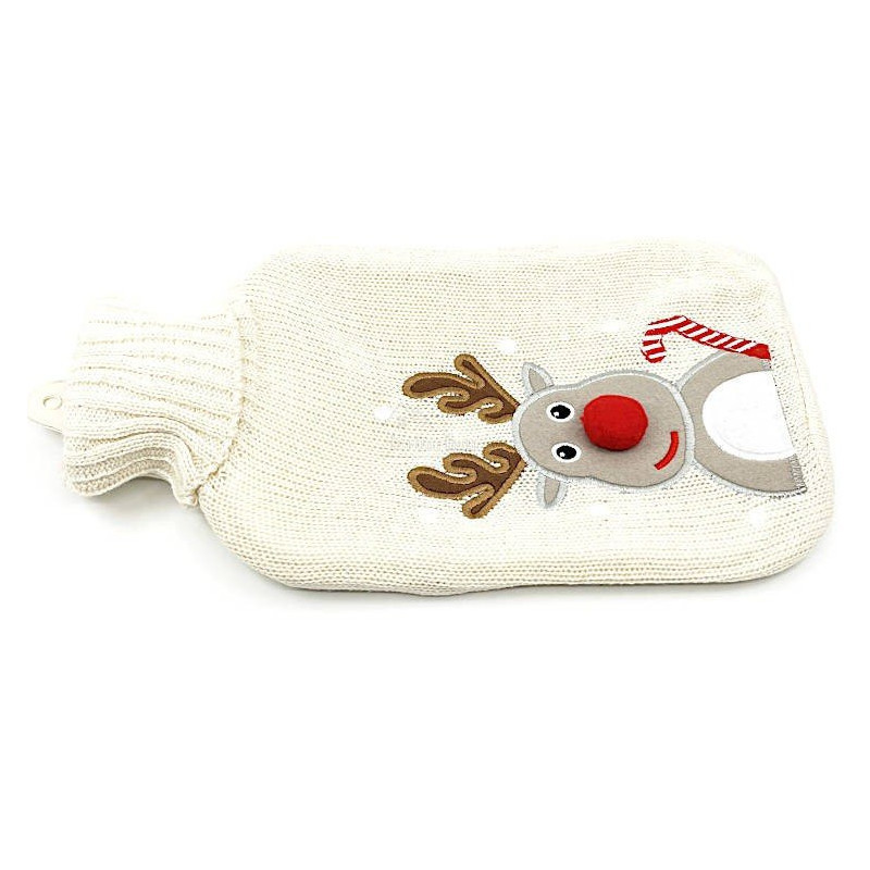 Bouillotte à eau tricot écru brodé décor Renne