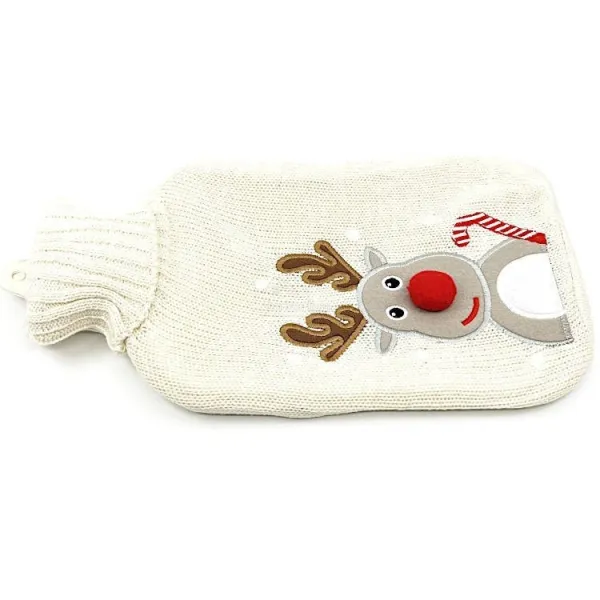 Wasserwärmflasche Ecru gestrickt bestickt Rentierdekor