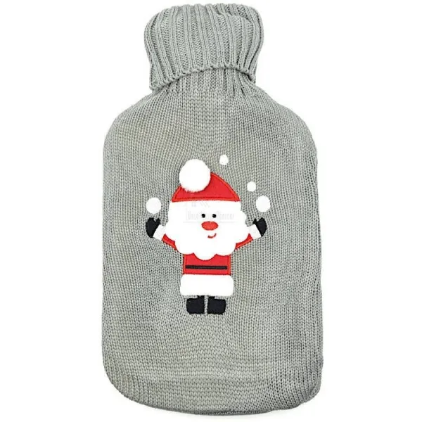 Bouillotte à eau tricot gris brodé décor Père Noël