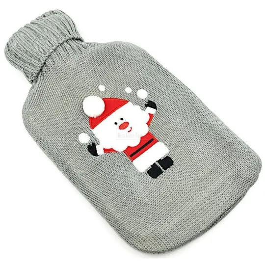 Bouillotte à eau tricot gris brodé décor Père Noël
