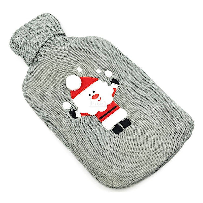 Bouillotte à eau tricot gris brodé décor Père Noël