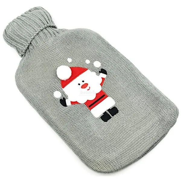 Bouillotte à eau tricot gris brodé décor Père Noël