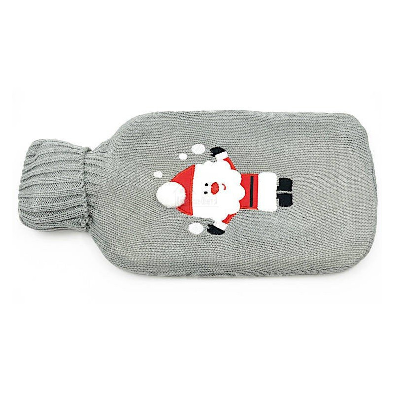 Bouillotte à eau tricot gris brodé décor Père Noël