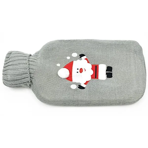 Bouillotte à eau tricot gris brodé décor Père Noël
