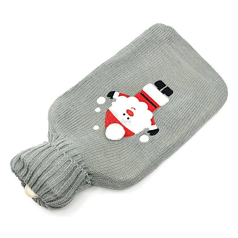 Bouillotte à eau tricot gris brodé décor Père Noël