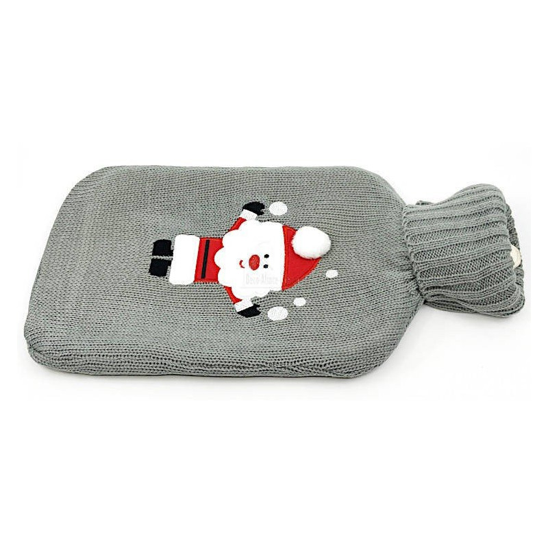Bouillotte à eau tricot gris brodé décor Père Noël