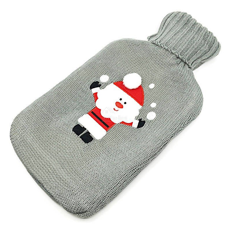 Bouillotte à eau tricot gris brodé décor Père Noël