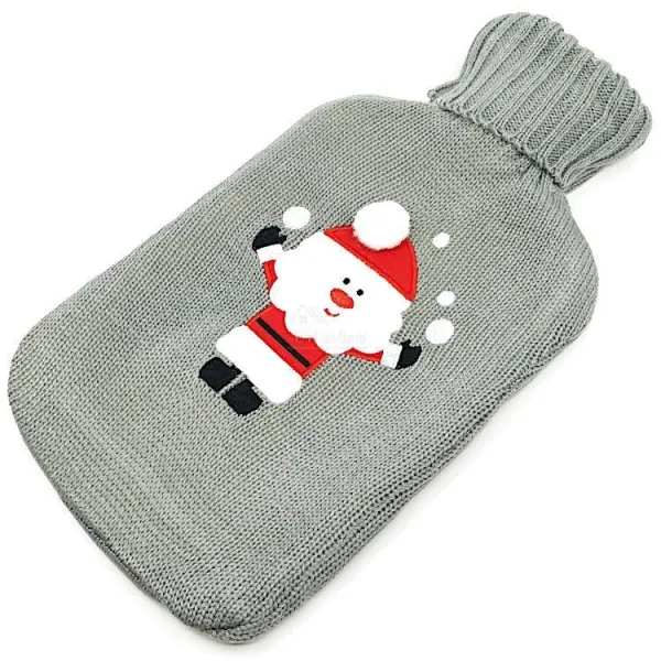Bouillotte à eau tricot gris brodé décor Père Noël
