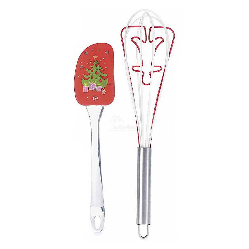 Kit Spatule et Fouet en Silicone rouge décor Pain d'Epices
