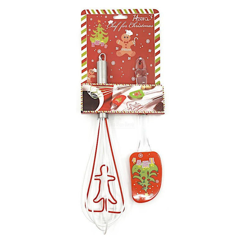 Kit Spatule et Fouet en Silicone rouge décor Pain d'Epices