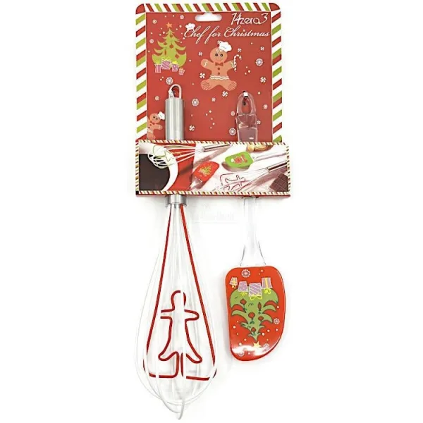 Set aus Pfannenwender und Schneebesen aus rotem Silikon mit Lebkuchendekor