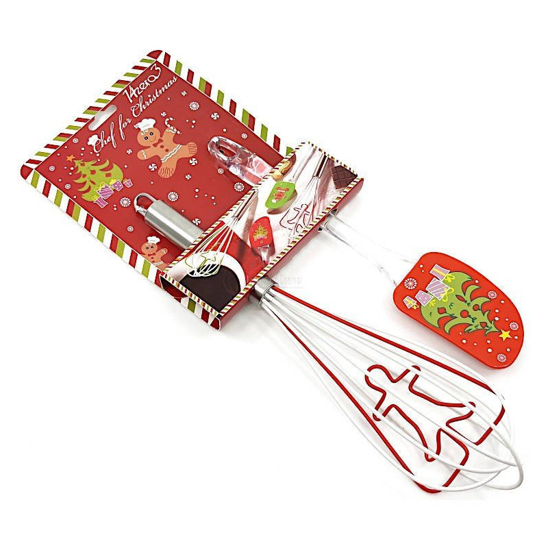 Kit Spatule et Fouet en Silicone rouge décor Pain d'Epices