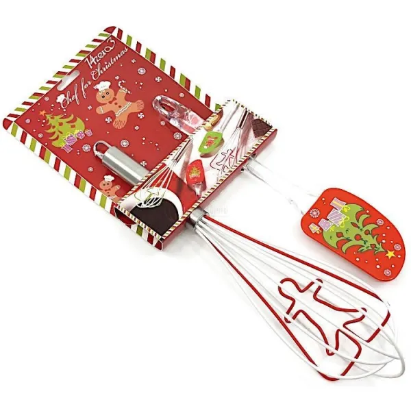 Kit Spatule et Fouet en Silicone rouge décor Pain d'Epices