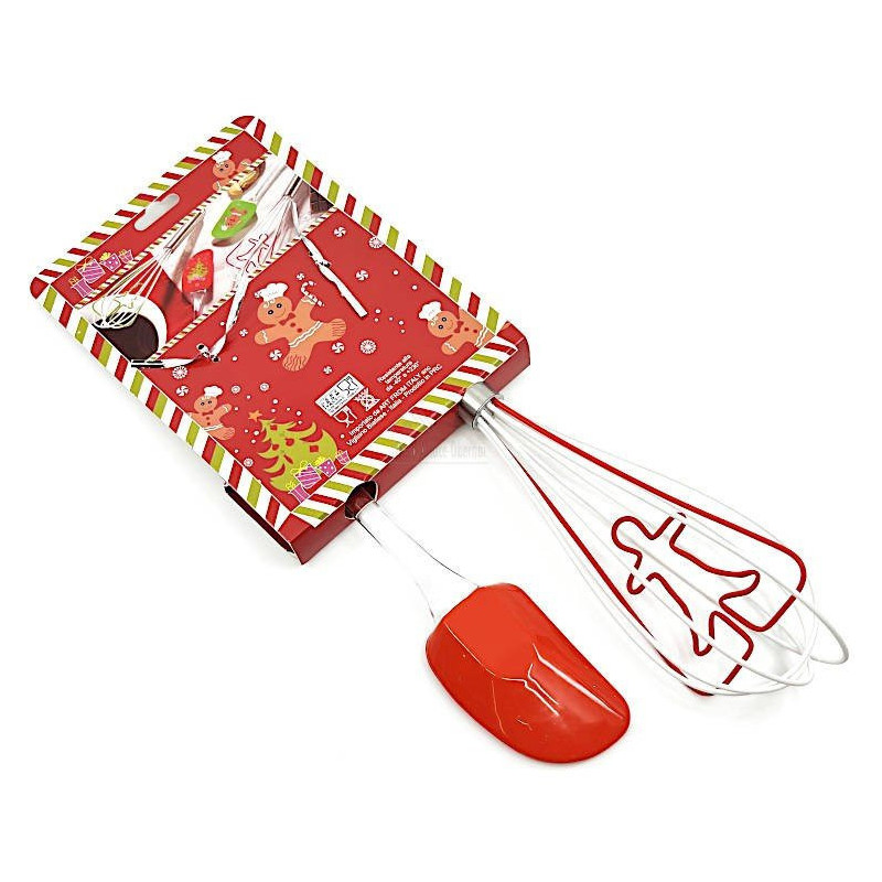 Kit Spatule et Fouet en Silicone rouge décor Pain d'Epices