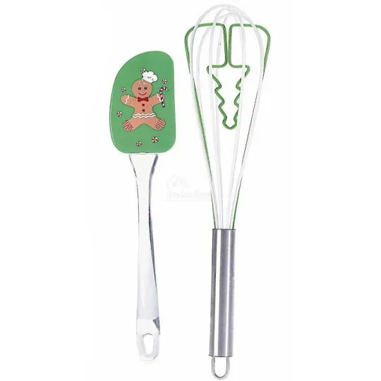 Kit Spatule et Fouet en Silicone vert décor Pain d'Epices