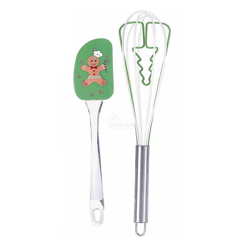 Kit Spatule et Fouet en Silicone vert décor Pain d'Epices