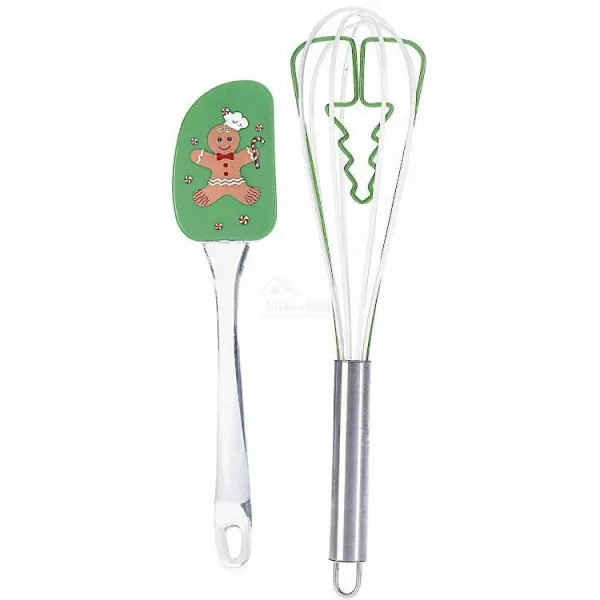Kit Spatule et Fouet en Silicone vert décor Pain d'Epices