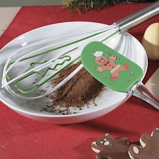 Kit Spatule et Fouet en Silicone vert décor Pain d'Epices