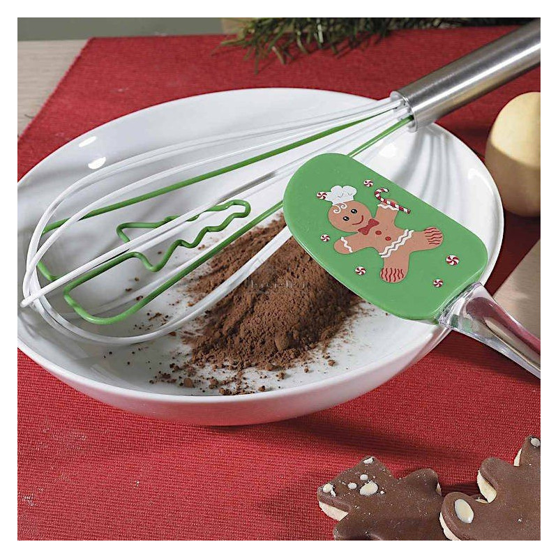 Kit Spatule et Fouet en Silicone vert décor Pain d'Epices