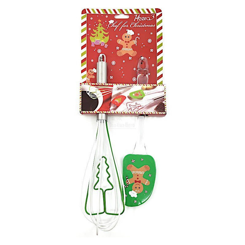 Kit Spatule et Fouet en Silicone vert décor Pain d'Epices