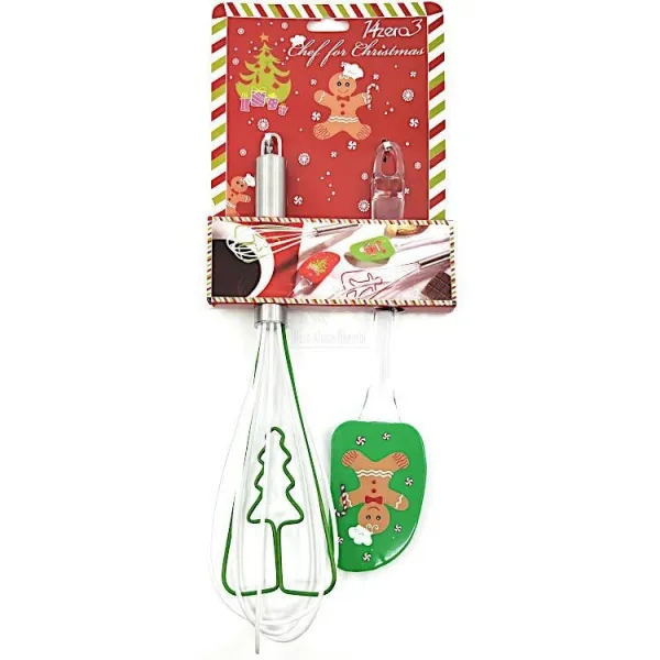 Kit Spatule et Fouet en Silicone vert décor Pain d'Epices