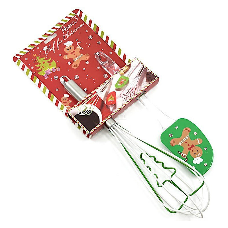 Kit Spatule et Fouet en Silicone vert décor Pain d'Epices