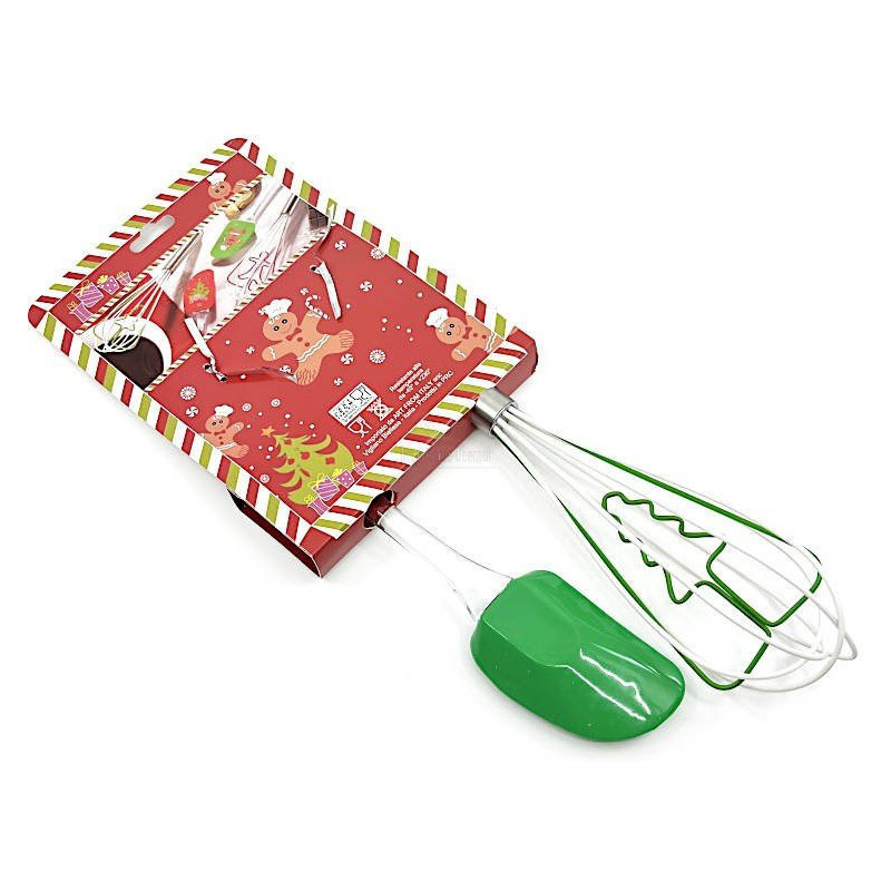 Kit Spatule et Fouet en Silicone vert décor Pain d'Epices
