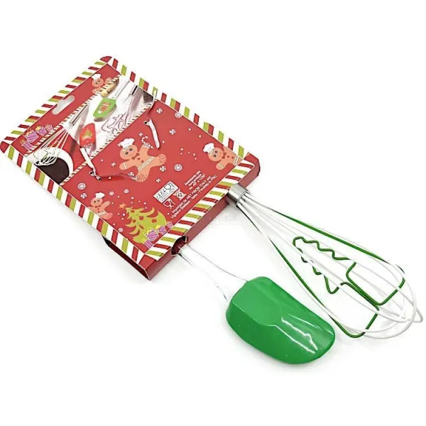 Kit Spatule et Fouet en Silicone vert décor Pain d'Epices