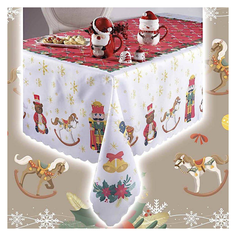 Nappe rectangulaire blanche centre rouge décor Noël 150 cm x 180 cm
