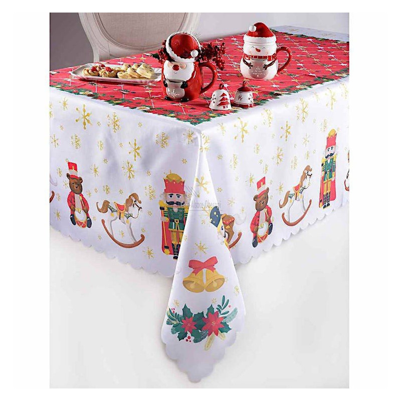Nappe rectangulaire blanche centre rouge décor Noël 150 cm x 180 cm