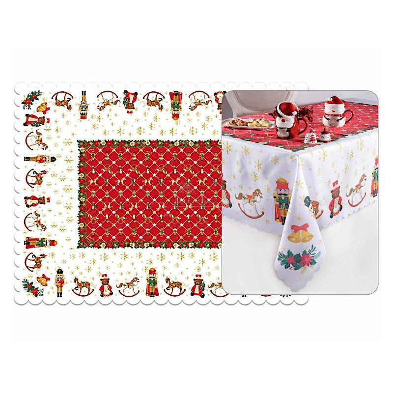 Nappe rectangulaire blanche centre rouge décor Noël 150 cm x 180 cm