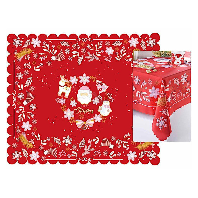 Nappe rectangulaire rouge motif Noël centre Père Noël 150 cm x 180 cm