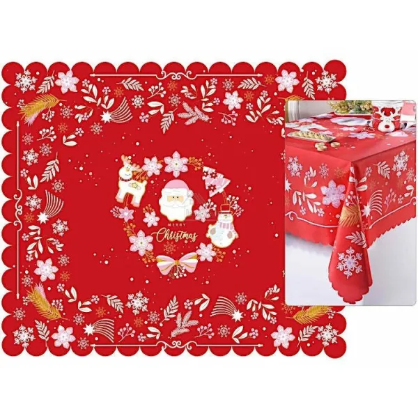 Rectangular tablecloth with red Christmas motif and Father Christmas centre 150 cm x 180