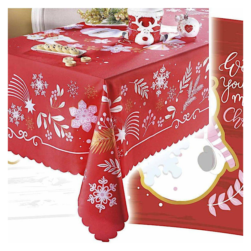 Rectangular tablecloth with red Christmas motif and Father Christmas centre 150 cm x 180
