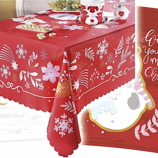 Tischdecke rechteckig rot mit Weihnachtsmotiv Mitte Weihnachtsmann 150 cm x 180 cm