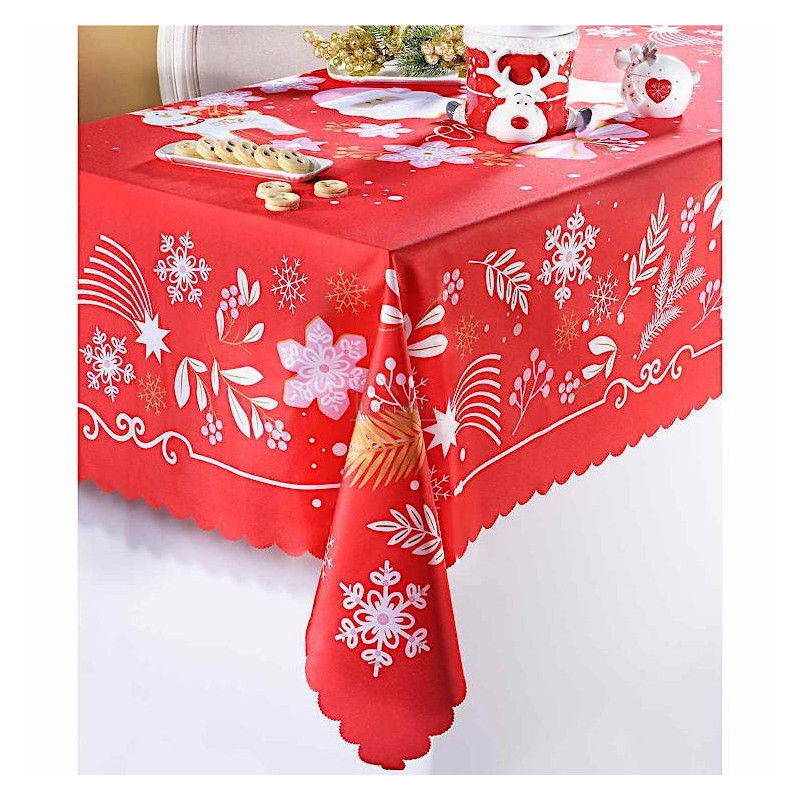 Rectangular tablecloth with red Christmas motif and Father Christmas centre 150 cm x 180